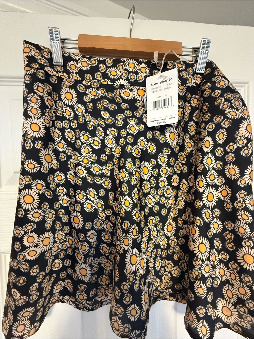 Free People Black Daisy Print Skater Skirt with Yellow Centers
